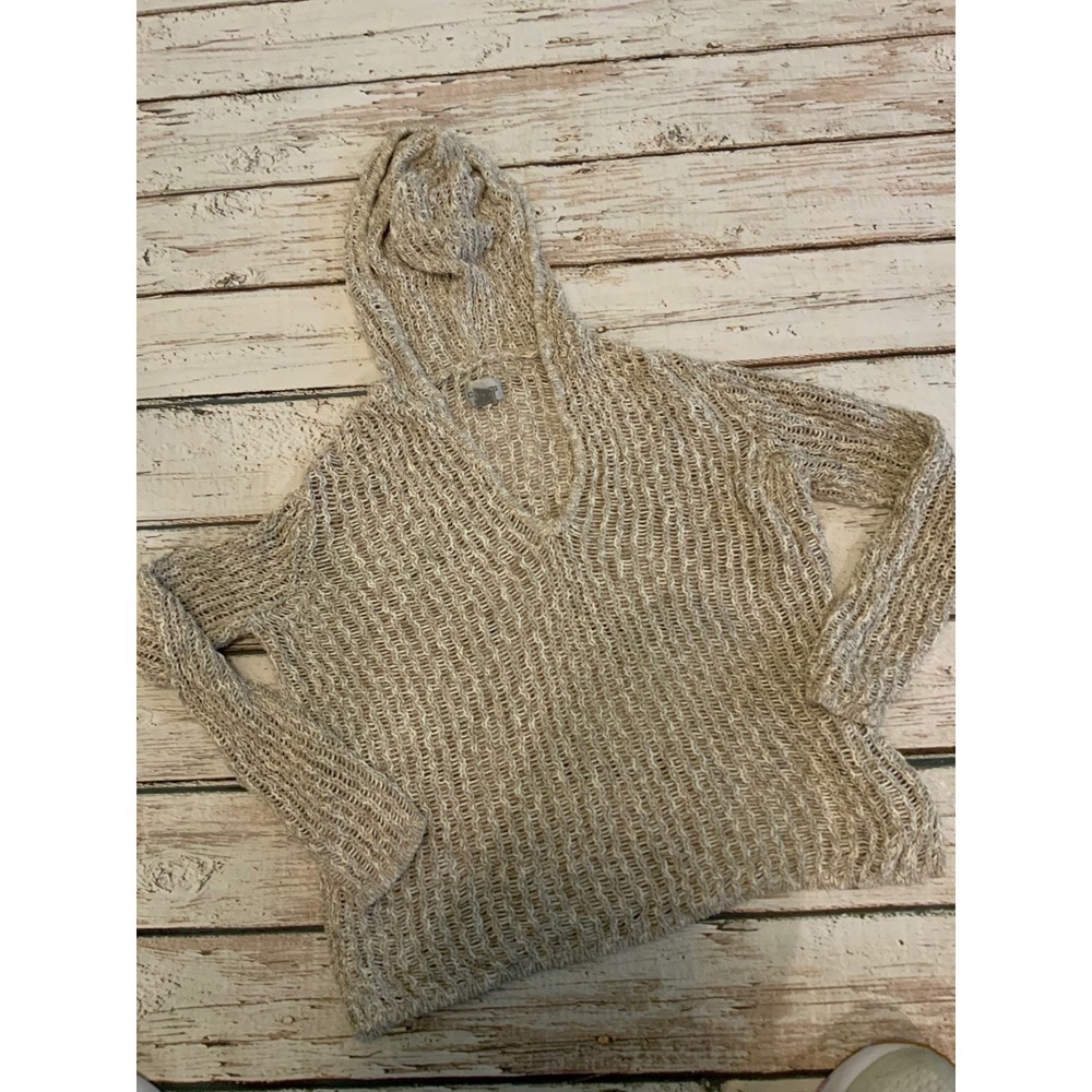 Chicos Open Knit Hooded Sweater Tan Marled V-Neck Pullover Size 1 M